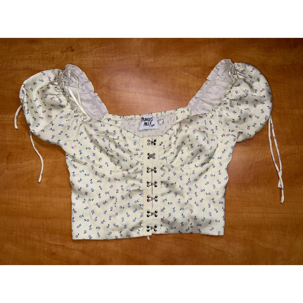 Princess Polly Floral Hook and Eye Milkmaid Crop Top Cream Purple Size 6